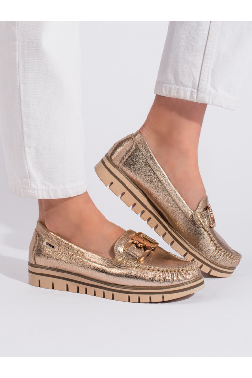 aukso spalvos moteriški mokasinai su platforma