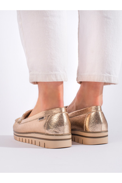 aukso spalvos moteriški mokasinai su platforma