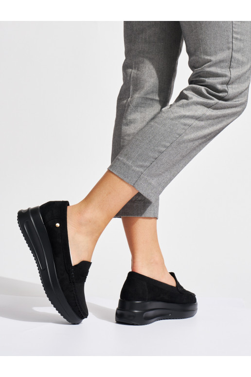 iš zomšos juodos spalvos mokasinai su masyvia platforma