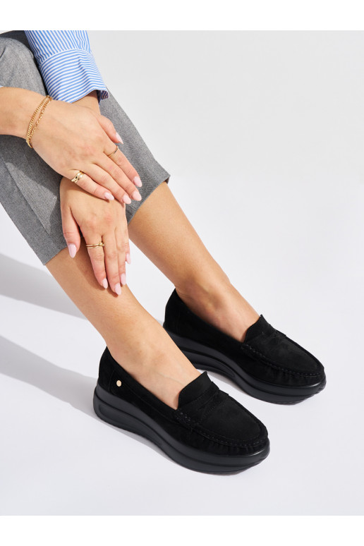 iš zomšos juodos spalvos mokasinai su masyvia platforma