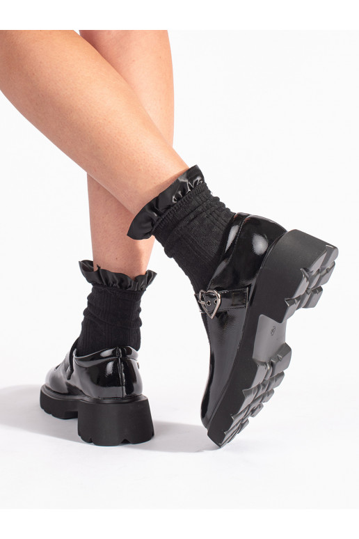 su lako efektu juodos spalvos mokasinai su masyviu kulnu