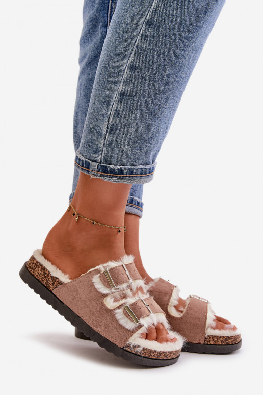  Šlepetės Šlepetės su sagtimis ir kailiuku smėlio spalvos Ezilena