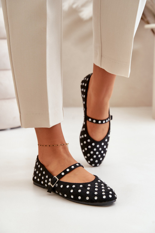 Dekoruotos Balerinos su dirželiais iš eko zomšosowe Juodos spalvos Tirilissa