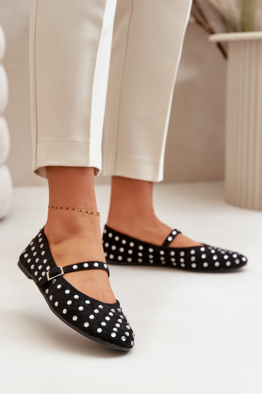 Dekoruotos Balerinos su dirželiais iš eko zomšosowe Juodos spalvos Tirilissa