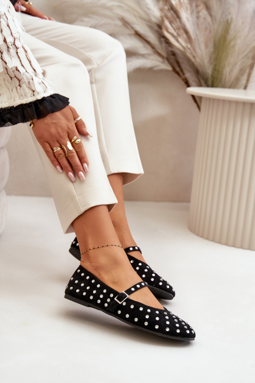 Dekoruotos Balerinos su dirželiais iš eko zomšosowe Juodos spalvos Tirilissa