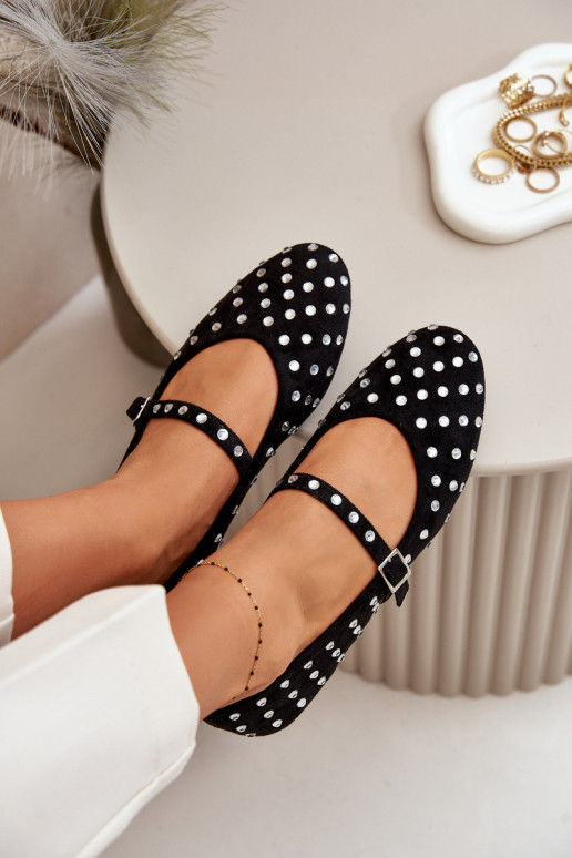 Dekoruotos Balerinos su dirželiais iš eko zomšosowe Juodos spalvos Tirilissa