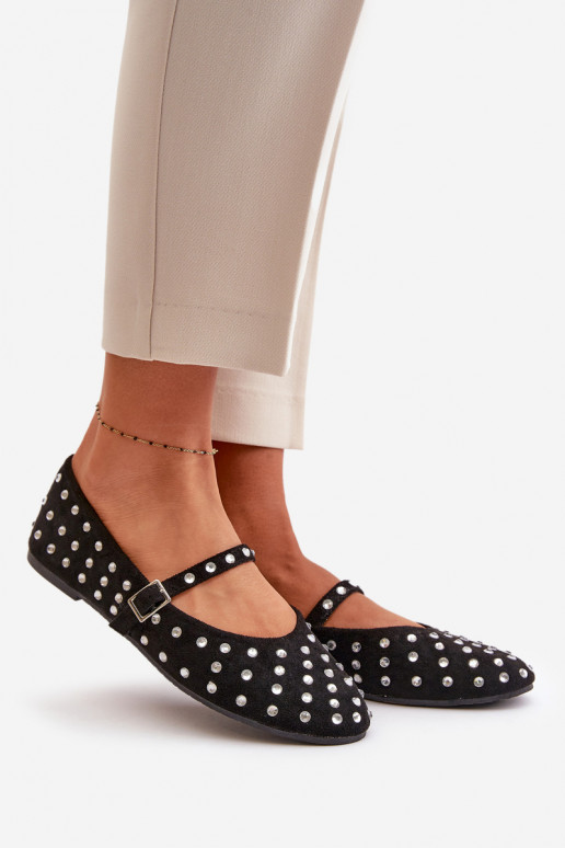 Dekoruotos Balerinos su dirželiais iš eko zomšosowe Juodos spalvos Tirilissa