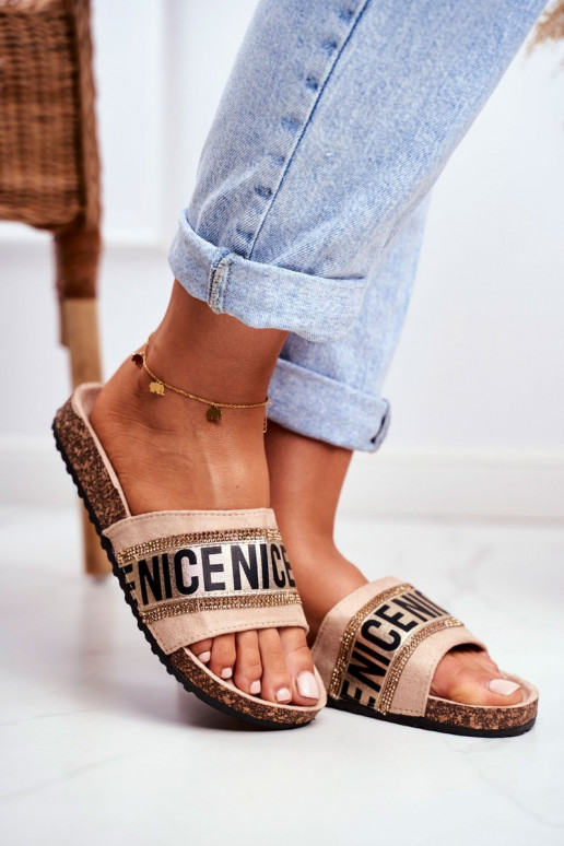 Šlepetės su tviskančiomis akutėmis smėlio spalvos Be Nice