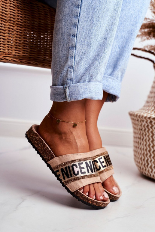 Šlepetės su tviskančiomis akutėmis smėlio spalvos Be Nice