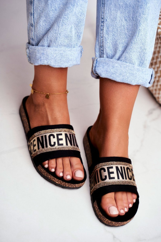 Šlepetės  su tviskančiomis akutėmis Juodos ir-aukso spalvos Be Nice