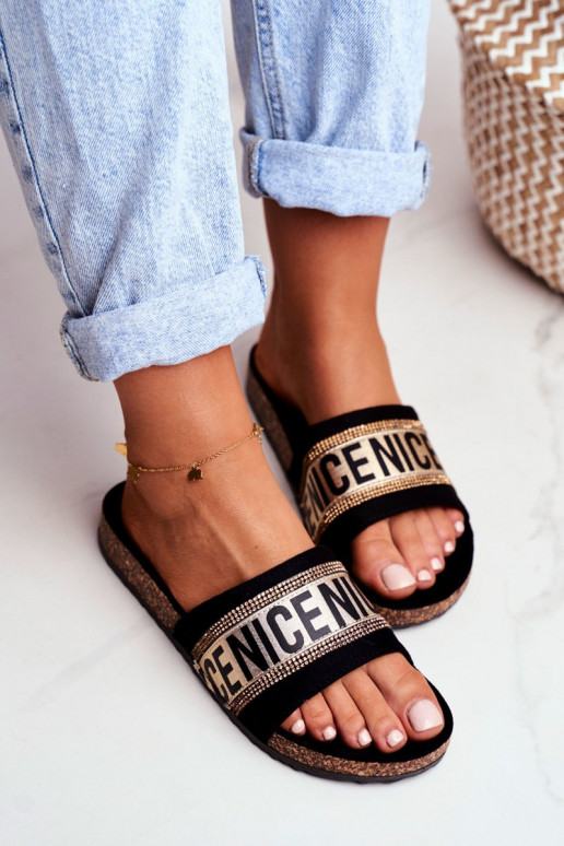 Šlepetės  su tviskančiomis akutėmis Juodos ir-aukso spalvos Be Nice