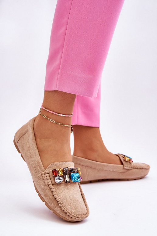 Elegantiški zomšiniai mokasinai su spindinčiomis akutėmis smėlio spalvos Lucille