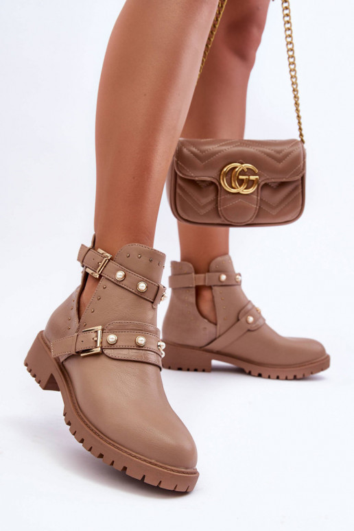 Moteriški aulinukai su dirbtiniais perlais smėlio spalvos Klarisa