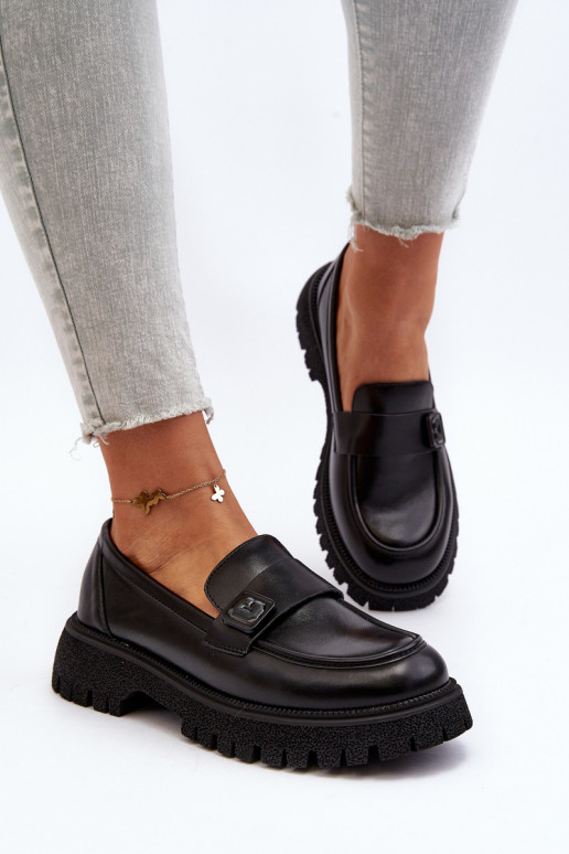 moteriški mokasinai su dirželiais juodos spalvos Flanila
