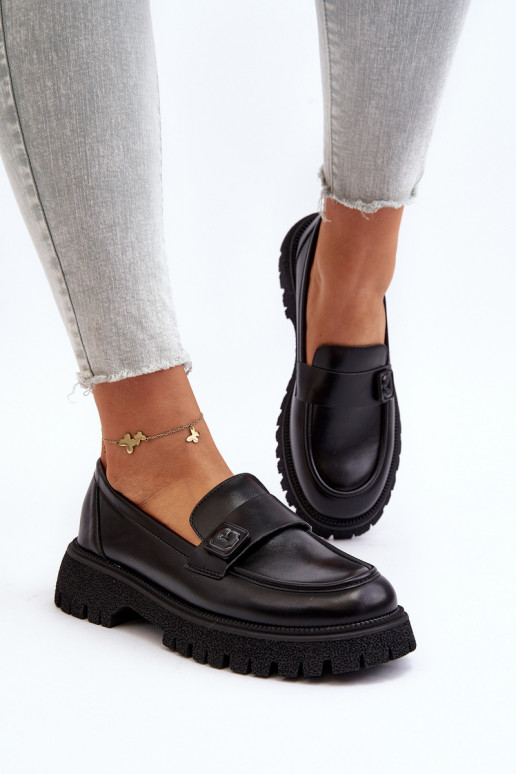 moteriški mokasinai su dirželiais juodos spalvos Flanila