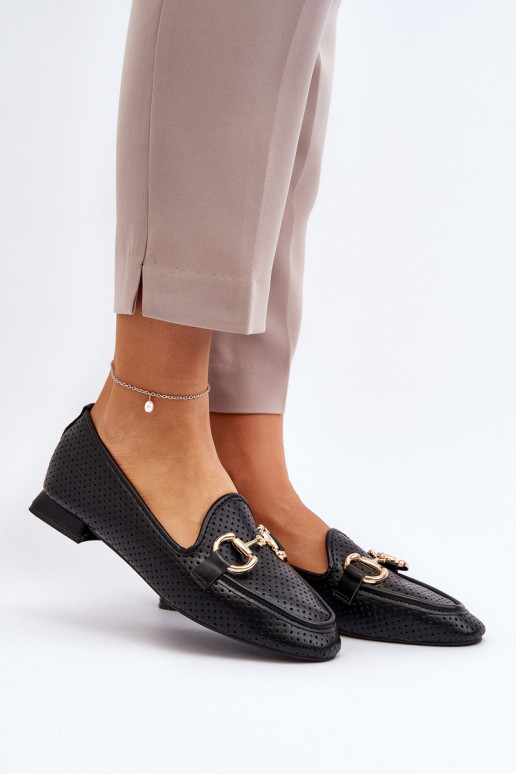 moteriški mokasinai su plačiais kulniukais su ornamentais juodos spalvos Iluvana