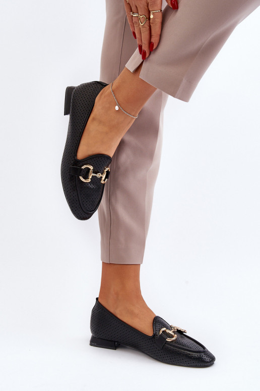 moteriški mokasinai su plačiais kulniukais su ornamentais juodos spalvos Iluvana