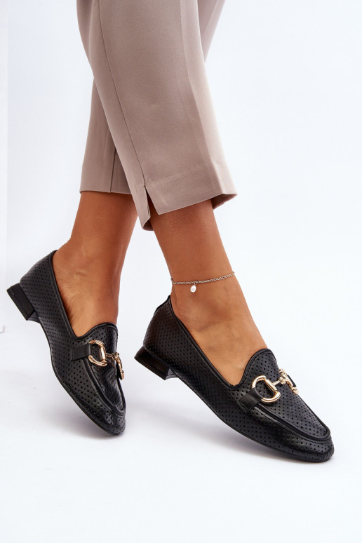 moteriški mokasinai su plačiais kulniukais su ornamentais juodos spalvos Iluvana