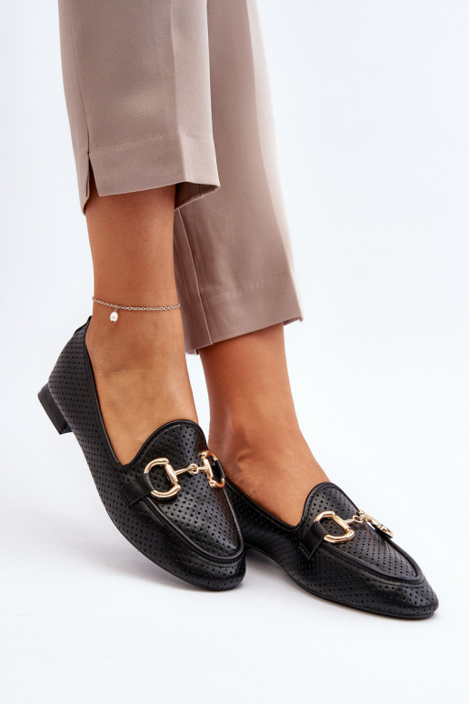 moteriški mokasinai su plačiais kulniukais su ornamentais juodos spalvos Iluvana