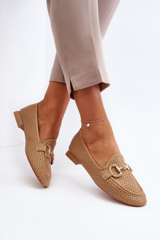 moteriški mokasinai su plačiais kulniukais su ornamentais rudos spalvos Iluvana