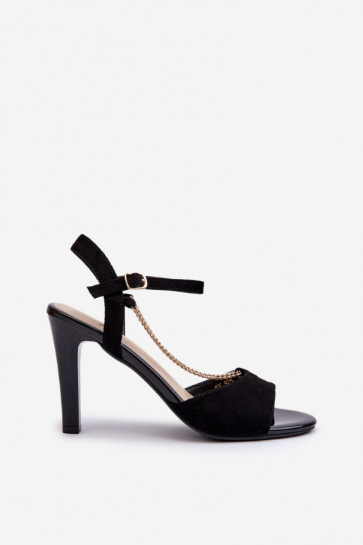 Moteriškos basutės su plonais kulniukais iš eko zomšosowe su grandinėlėmis Sergio Leone SK925 Juodos spalvos