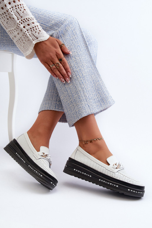 moteriški mokasinai   su platforma su grandinėlėmis S.Barski LR618 baltos spalvos