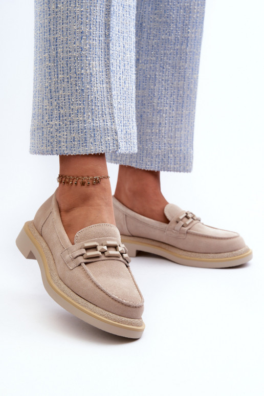 moteriški mokasinai iš zomšos su plačiais kulniukais su ornamentais D&A TW101 smėlio spalvos