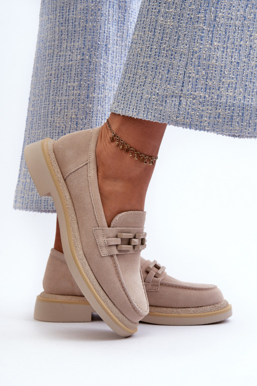 moteriški mokasinai iš zomšos su plačiais kulniukais su ornamentais D&A TW101 smėlio spalvos