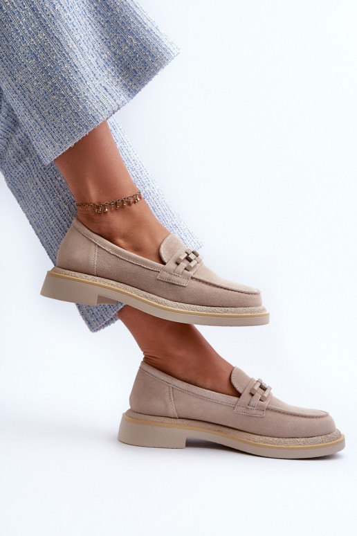 moteriški mokasinai iš zomšos su plačiais kulniukais su ornamentais D&A TW101 smėlio spalvos