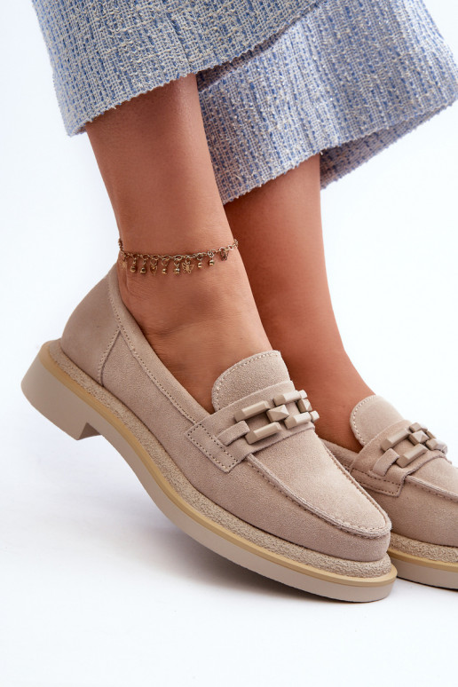 moteriški mokasinai iš zomšos su plačiais kulniukais su ornamentais D&A TW101 smėlio spalvos