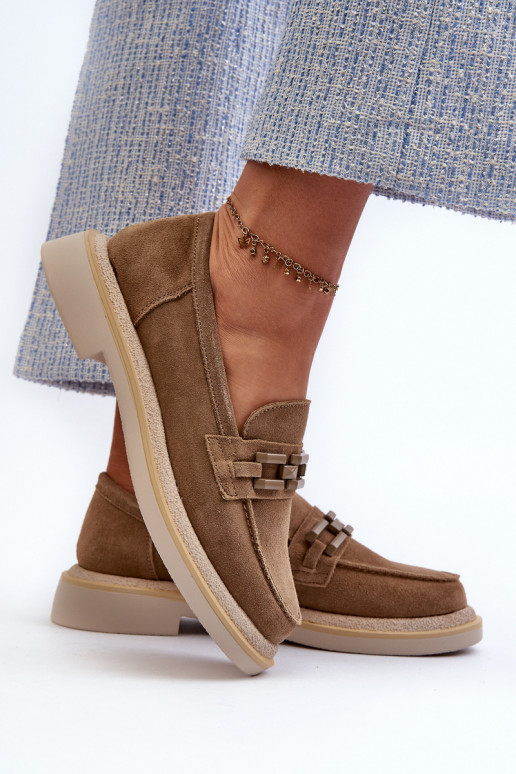 moteriški mokasinai iš zomšos su plačiais kulniukais su ornamentais D&A TW101 rudos spalvos