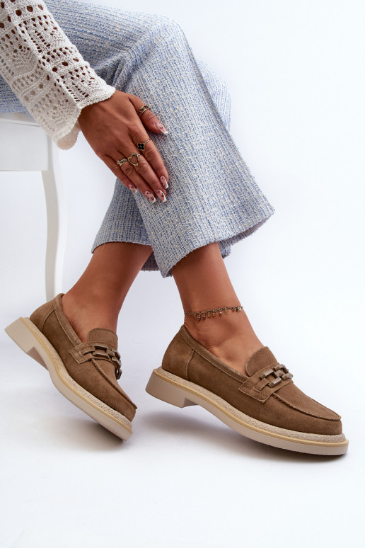 moteriški mokasinai iš zomšos su plačiais kulniukais su ornamentais D&A TW101 rudos spalvos