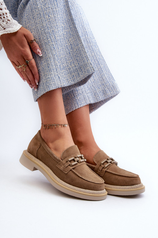 moteriški mokasinai iš zomšos su plačiais kulniukais su ornamentais D&A TW101 rudos spalvos