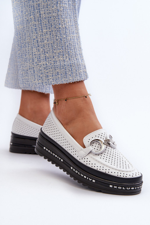   Moteriški mokasinai paaukšintu padu su ornamentais S.Barski LR750 baltos spalvos