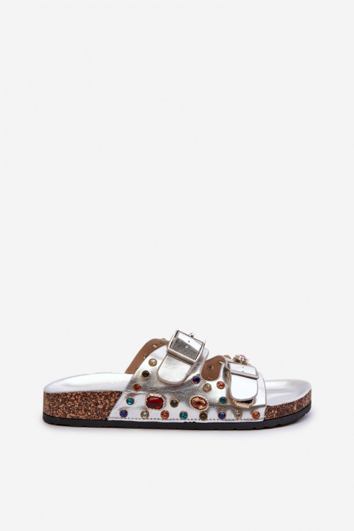 Dekoruotos Moteriškos šlepetės su sagtimis S.Barski MY121 sidabro spalvos