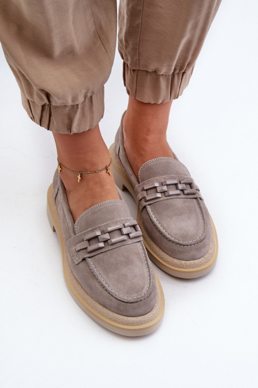 moteriški mokasinai iš zomšos su plačiais kulniukais su ornamentais D&A TW101 pilkos spalvos