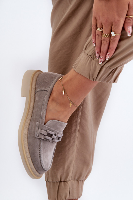 moteriški mokasinai iš zomšos su plačiais kulniukais su ornamentais D&A TW101 pilkos spalvos