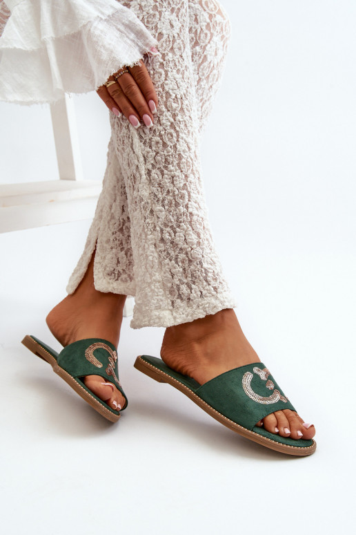  Šlepetės su blizgančiais žvyneliais S.Barski KV27-052 žalios spalvos