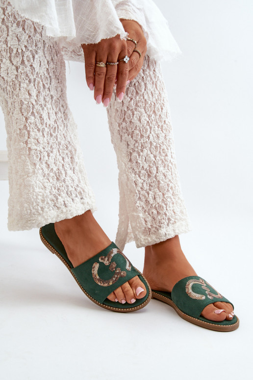  Šlepetės su blizgančiais žvyneliais S.Barski KV27-052 žalios spalvos