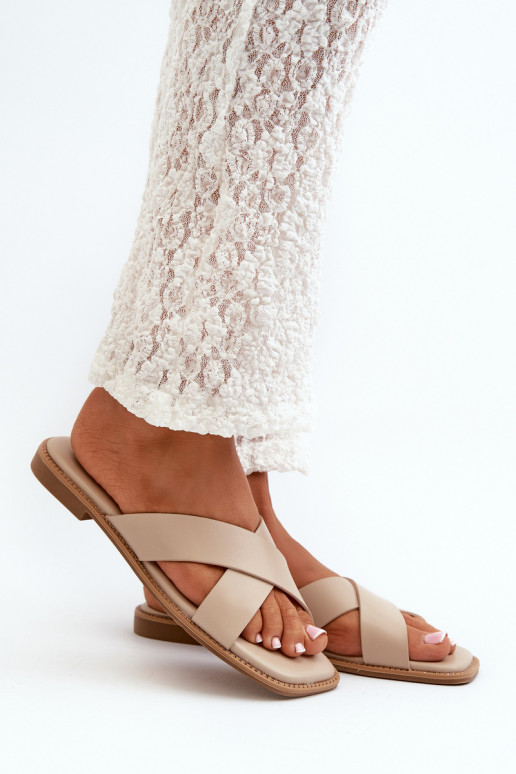 Moteriškos šlepetės su plačiais kulniukais iš eko odos S.Barski KV27-002 smėlio spalvos