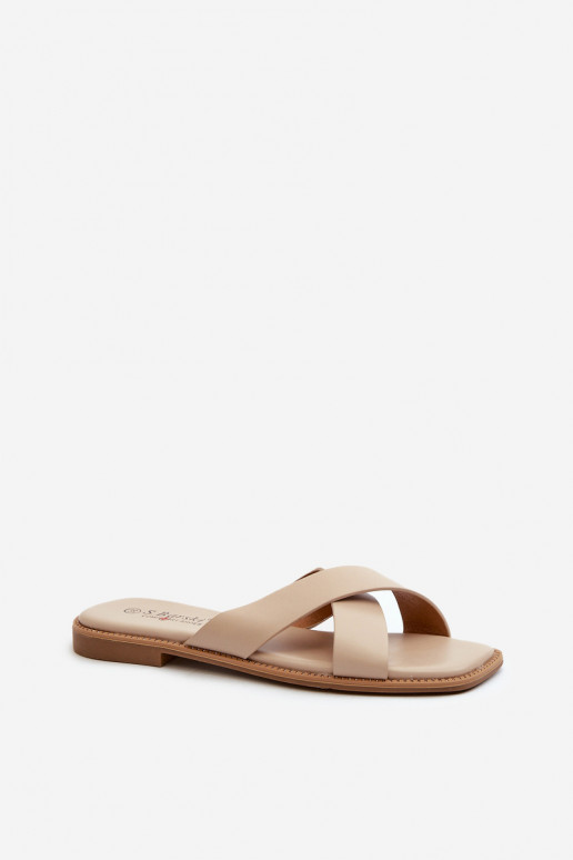 Moteriškos šlepetės su plačiais kulniukais iš eko odos S.Barski KV27-002 smėlio spalvos