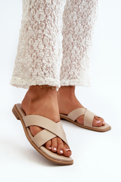 Moteriškos šlepetės su plačiais kulniukais iš eko odos S.Barski KV27-002 smėlio spalvos