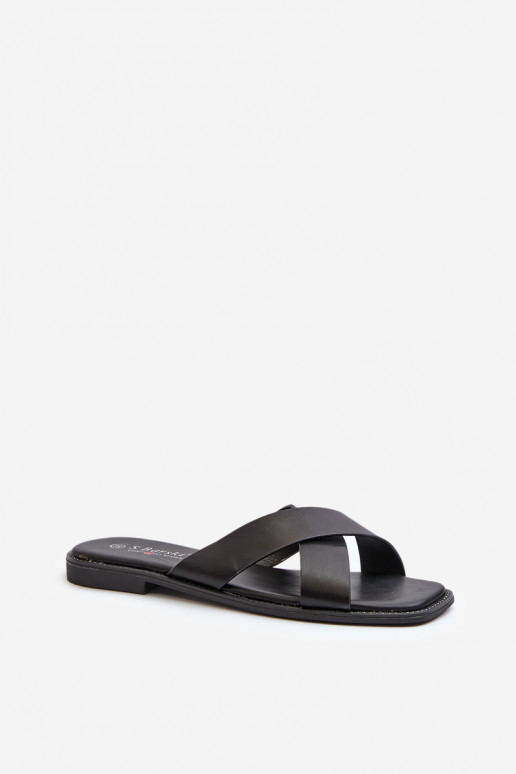 Moteriškos šlepetės su plačiais kulniukais iš eko odos S.Barski KV27-002 Juodos spalvos