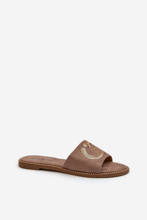  Šlepetės su blizgančiais žvyneliais S.Barski KV27-052 rudos spalvos