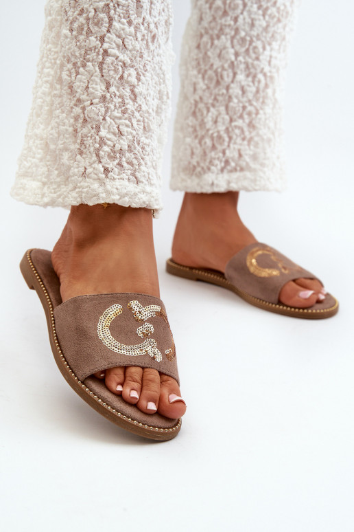  Šlepetės su blizgančiais žvyneliais S.Barski KV27-052 rudos spalvos