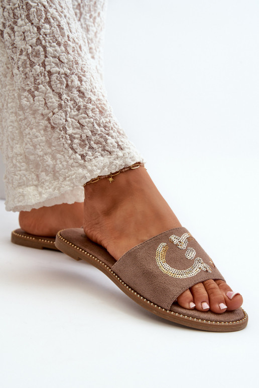  Šlepetės su blizgančiais žvyneliais S.Barski KV27-052 rudos spalvos