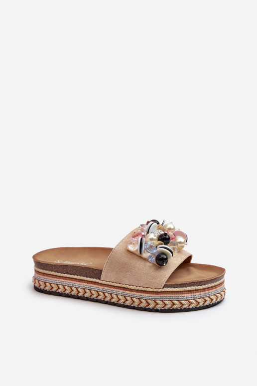 Moteriškos šlepetės su platforma su gražiomis detalėmis S.Barski HY077 smėlio spalvos