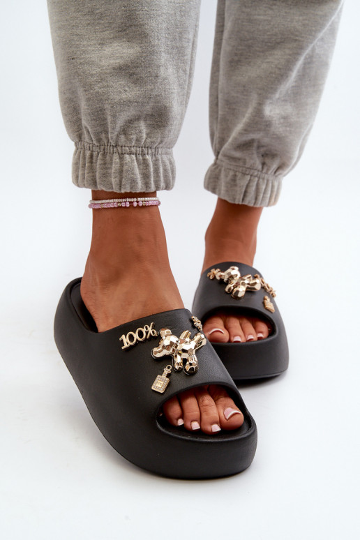 Moteriškos šlepetės   su gražiomis detalėmis Juodos spalvos Orchia