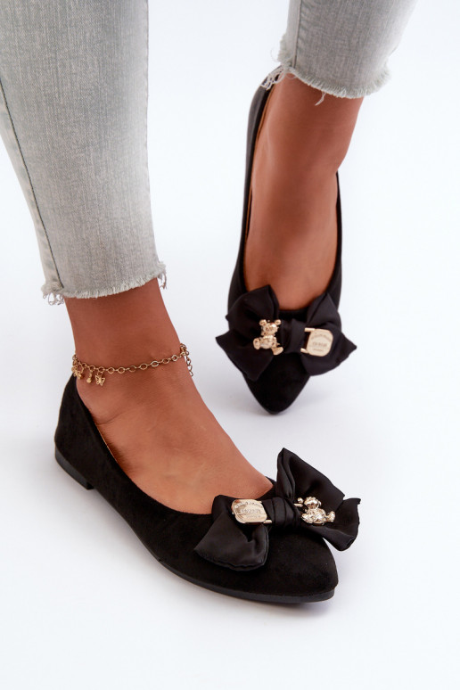  Eko Zomšinės balerinos su kaspinais I Broszką Juodos spalvos Satris