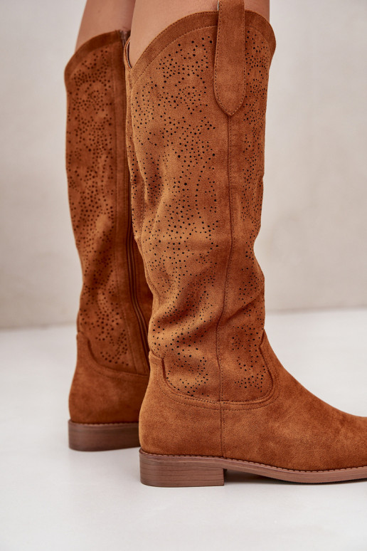 moteriški ilgaauliai batai su aužūro elementais rudos spalvos S.Barski HY42-132